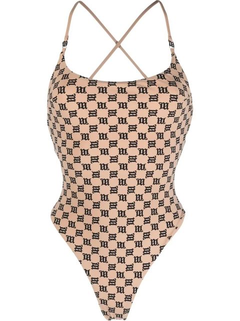 MISBHV criss-cross monogram-print swimsuit - Neutrals - zdjęcie produktu nr 1