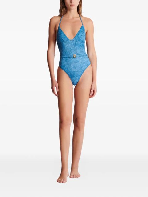 Balmain logo-plaque swimsuit - Blue
