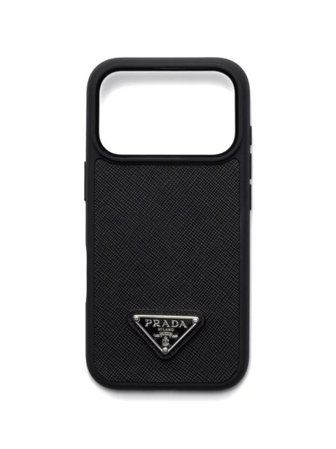 Prada enamelled triangle leather phone case iPhone 17 Pro - Black - zdjęcie produktu nr 1