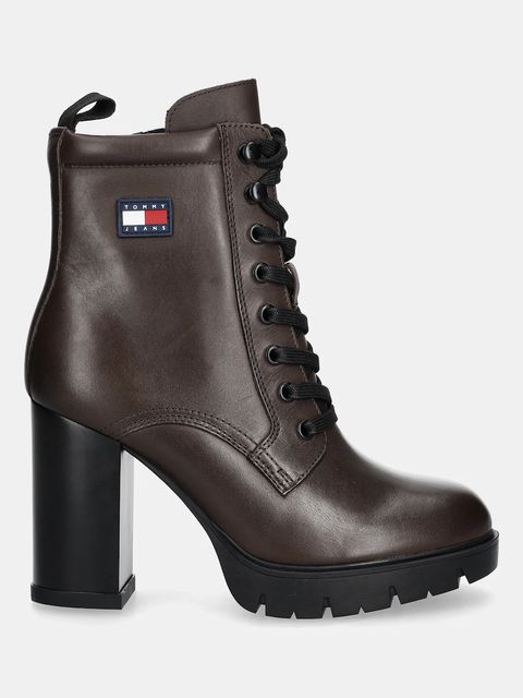 Tommy Jeans botki skórzane TJW HEEL LACE UP BOOT damskie kolor brązowy na słupku EN0EN02832