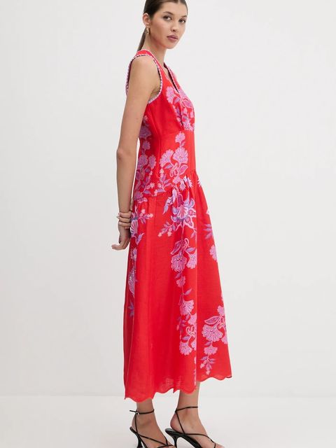 Farm Rio sukienka lniana kolor czerwony maxi rozkloszowana 336269 - zdjęcie produktu nr 2