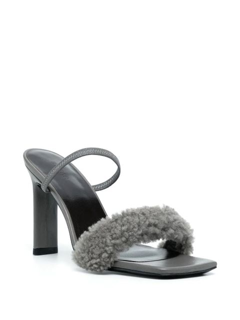 BY FAR shearling-strap open toe mules - Grey