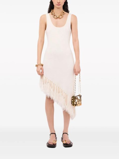 Rabanne asymmetric fringed linen midi dress - White
