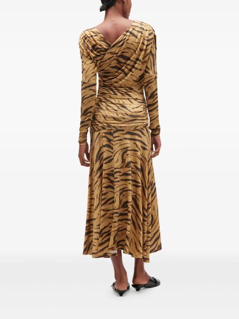 GANNI tiger-print draped midi dress - Neutrals