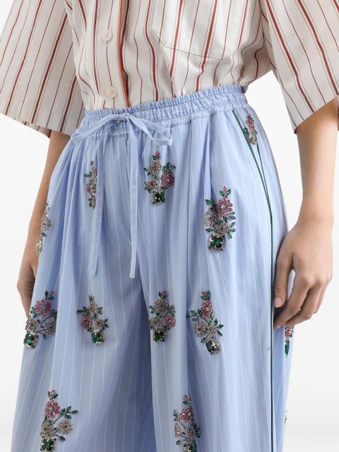 Dolce & Gabbana striped poplin trousers with crystal flower embroidery - Blue