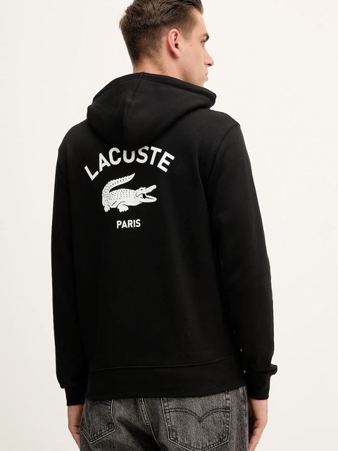 Lacoste bluza bawełniana kolor czarny z kapturem z nadrukiem SH2740