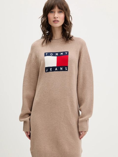 Tommy Jeans sukienka z domieszką wełny kolor beżowy mini oversize DW0DW21462