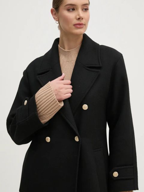 La Petite Française płaszcz wełniany PFMARITIME kolor czarny przejściowy dwurzędowy PFMARITIME