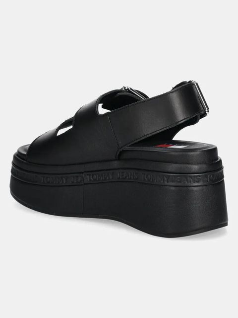 Tommy Jeans sandały skórzane WEDGE SANDAL damskie kolor czarny na platformie EN0EN02774