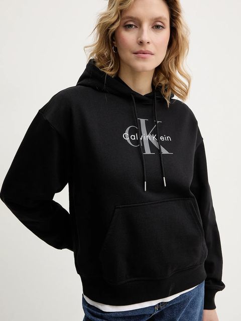 Calvin Klein Jeans bluza damska kolor czarny z kapturem gładka LV047E221G