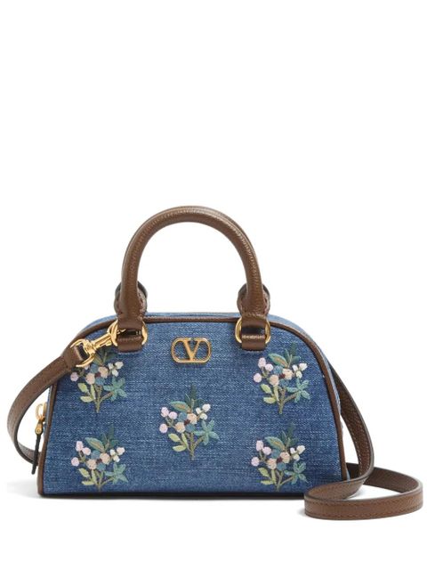 Valentino Garavani Vlogo Signature mini top-handle bag in denim with floral embroidery - Blue - zdjęcie produktu nr 1