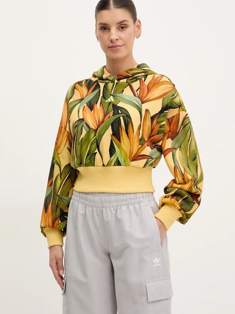 adidas bluza bawełniana x Farm Rio damska kolor żółty z kapturem wzorzysta JD6282 - zdjęcie produktu nr 1