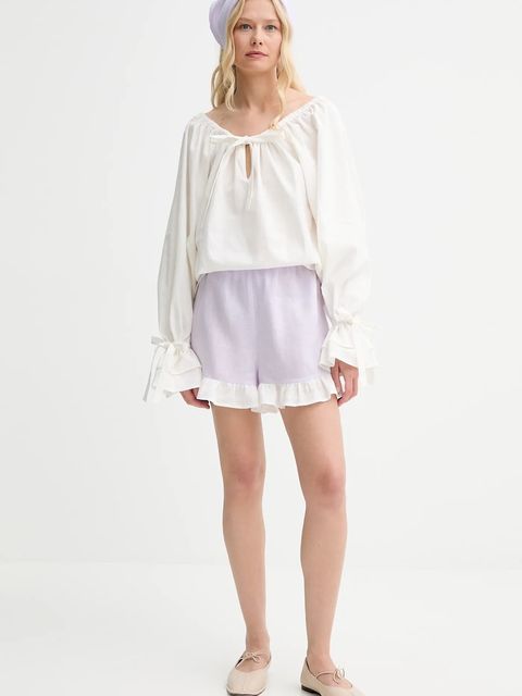 The Sleeper szorty lniane damskie kolor fioletowy gładkie high waist PFSH01P009R - zdjęcie produktu nr 2