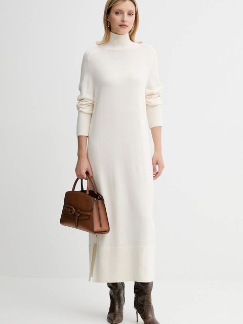 BOSS Orange sukienka z wełną kolor beżowy maxi prosta 50548961