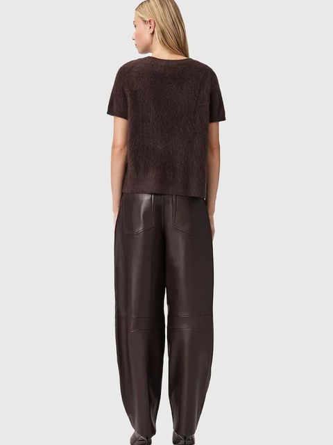 AllSaints spodnie skórzane JETT damskie kolor brązowy szerokie high waist W026TD