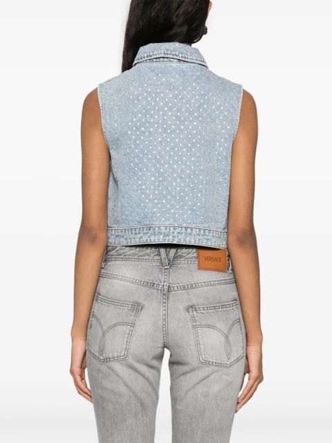 Self-Portrait rhinestoned denim vest - Blue