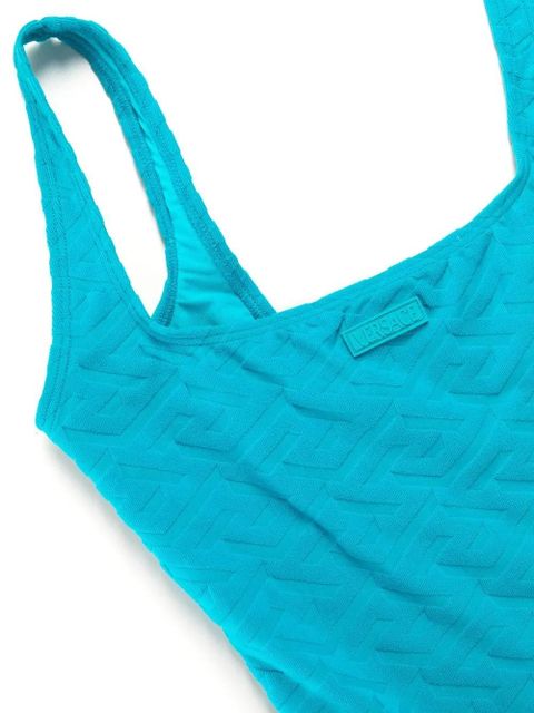 Versace logo patch monogram-print swimsuit - Blue