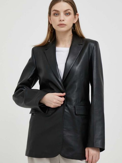 Calvin Klein marynarka skórzana kolor czarny jednorzędowa gładka