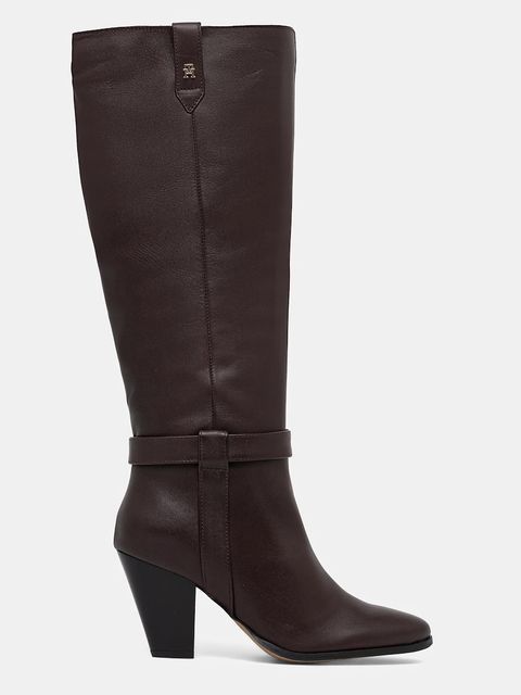 Tommy Hilfiger kozaki skórzane TH T-STRAP LTHR POINTY LONG BOOT damskie kolor brązowy na słupku FW0FW08982