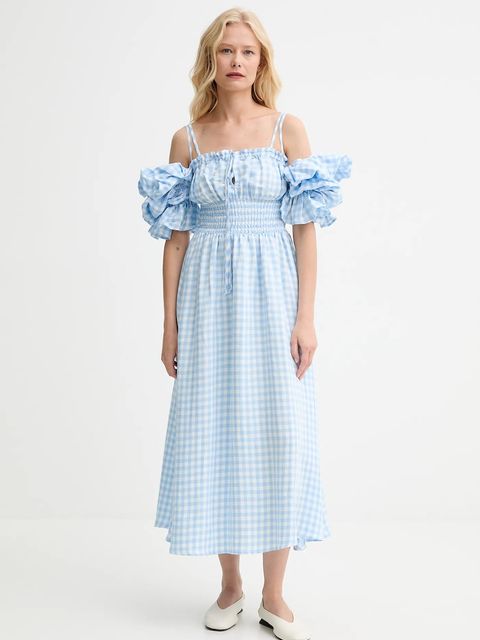 The Sleeper sukienka lniana kolor niebieski midi rozkloszowana ALDR01G027N