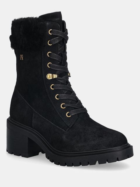 Tommy Hilfiger botki zamszowe TH SHEARLING LACE UP BOOT kolor czarny na słupku lekko ocieplone FW0FW08999 - zdjęcie produktu nr 1