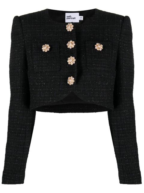 Self-Portrait cropped bouclé jacket - Black