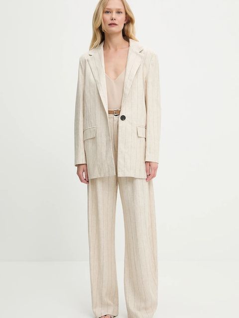 Answear.LAB marynarka z domieszką lnu kolor beżowy jednorzędowa wzorzysta