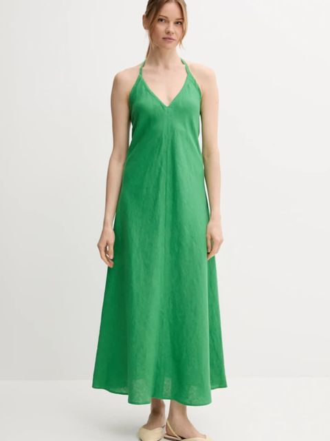 United Colors of Benetton sukienka lniana kolor zielony maxi rozkloszowana 4AGHDV0BF - zdjęcie produktu nr 1