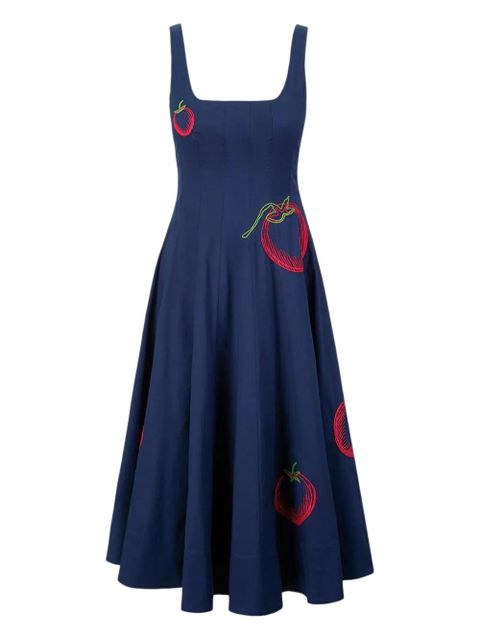 STAUD Wells tomato-embroidered midi dress - Blue