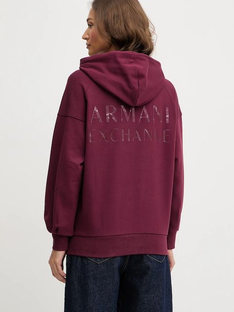 Armani Exchange bluza bawełniana damska kolor bordowy z kapturem gładka XW000748 AF16114