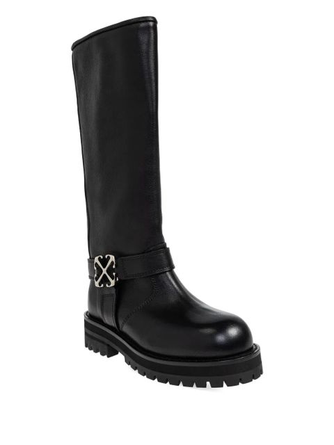 Off-White logo-plaque round-toe biker boots - Black