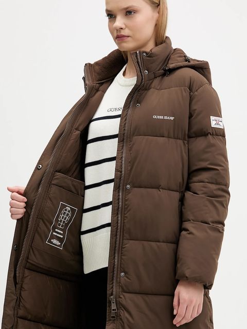 Guess Jeans kurtka damska kolor brązowy zimowa oversize W4BL26 WGII2