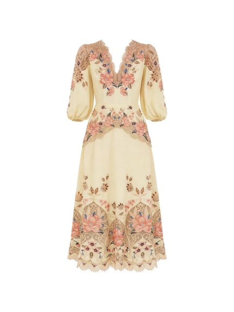 FARM Rio floral-embroidered midi linen dress - Neutrals - zdjęcie produktu nr 1