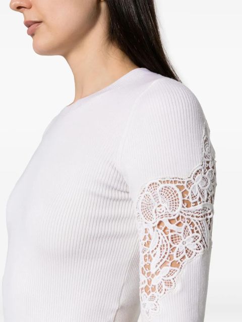 Chloé lace-panelled ribbed-knit T-shirt - Neutrals