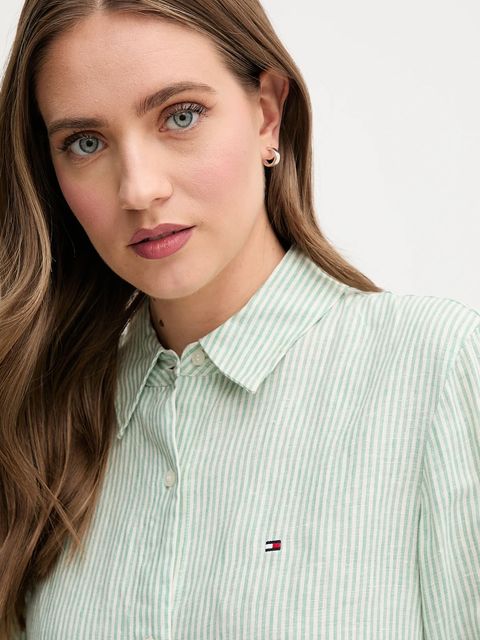 Tommy Hilfiger koszula lniana damska kolor zielony relaxed z kołnierzykiem klasycznym WW0WW44679