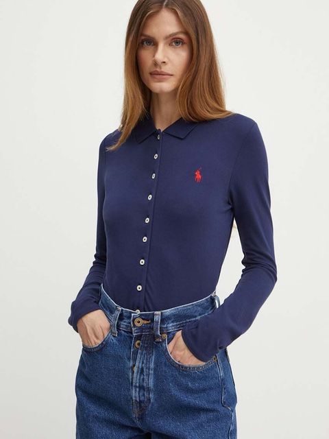 Polo Ralph Lauren koszula damska kolor granatowy slim z kołnierzykiem klasycznym 211941176 - zdjęcie produktu nr 1