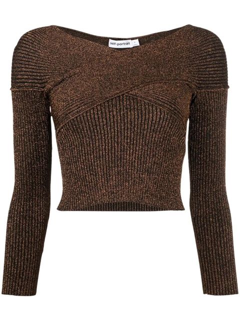 Self-Portrait off-shoulder metallic knitted top - Brown - zdjęcie produktu nr 1