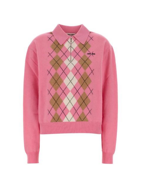 Miu Miu argyle-pattern half-zip polo sweater - Pink - zdjęcie produktu nr 1
