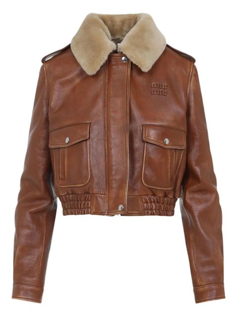 Miu Miu shearling-collar leather jacket - Brown - zdjęcie produktu nr 1