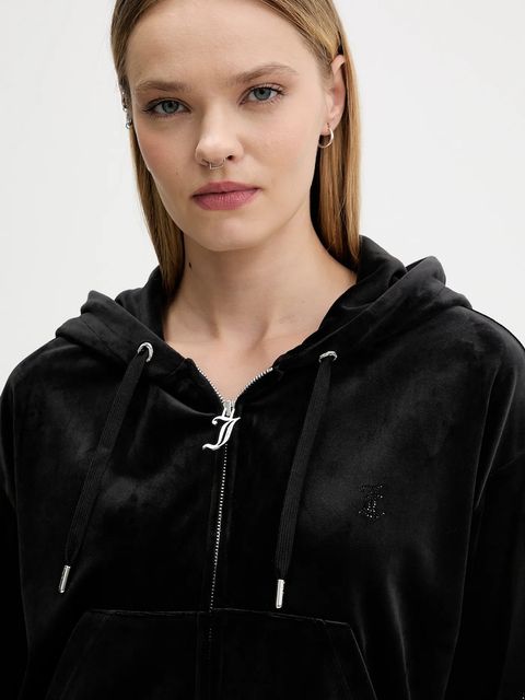 Juicy Couture bluza welurowa damska kolor czarny z kapturem gładka JCWAS225310
