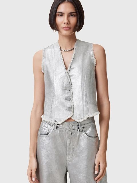 AllSaints kamizelka bawełniana ANDREA kolor srebrny przejściowa W127PC - zdjęcie produktu nr 1