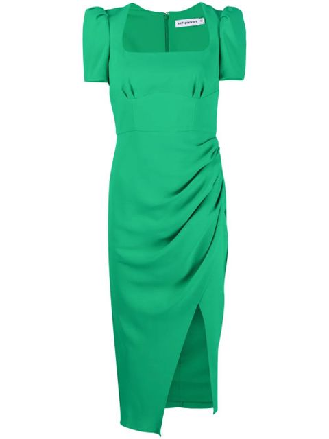 Self-Portrait gathered puff-sleeve dress - Green - zdjęcie produktu nr 1