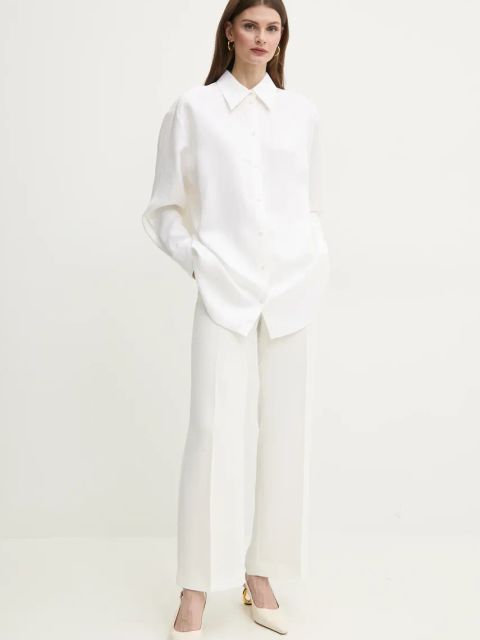 BOSS koszula z domieszką lnu damska kolor biały relaxed z kołnierzykiem klasycznym 50535297