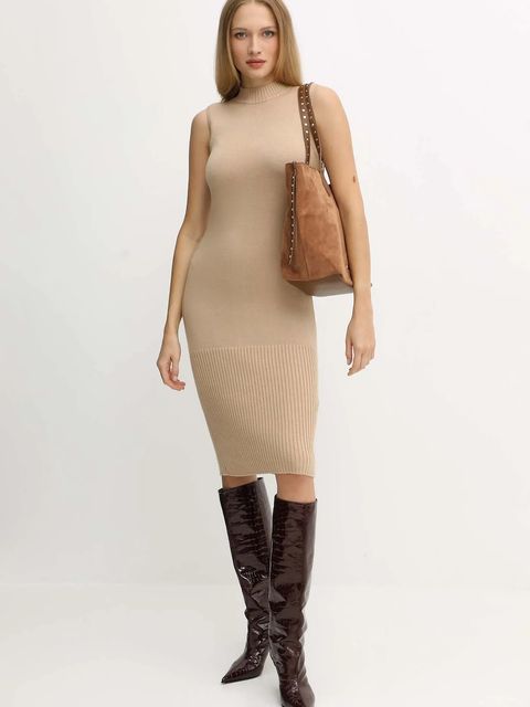 Armani Exchange sukienka z dodatkiem wełny kolor beżowy mini dopasowana XW001308 AF13774