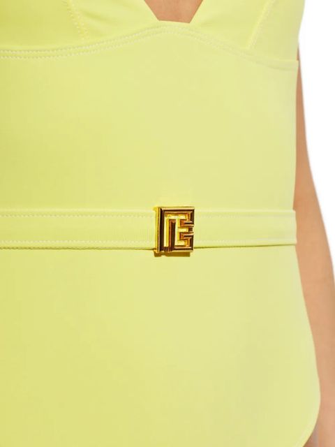 Balmain belted logo-plaque swimsuit - Yellow