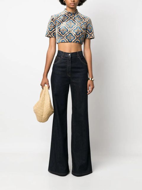 ETRO abstract-print velvet crop top - Blue