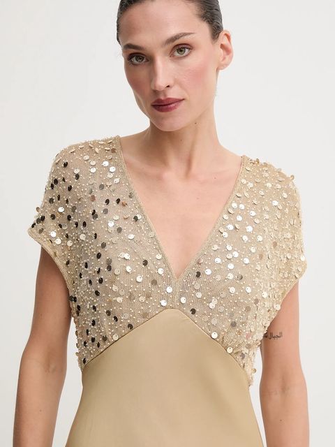 Never Fully Dressed sukienka kolor złoty maxi rozkloszowana NFDDR2230