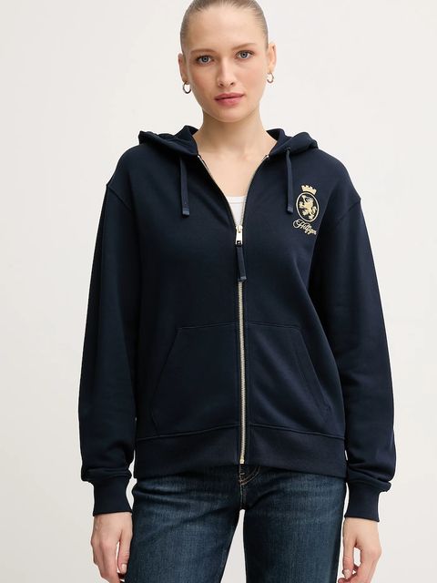 Tommy Hilfiger bluza bawełniana damska kolor granatowy z kapturem z aplikacją WW0WW46126 - zdjęcie produktu nr 1