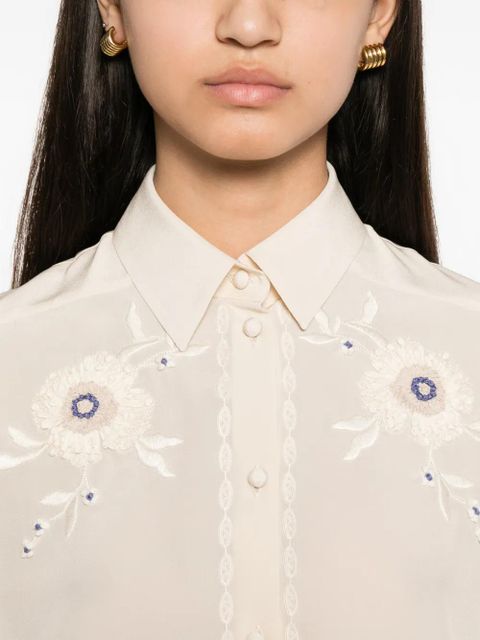 Valentino Garavani floral-embroidered pleated-sleeve blouse - Neutrals