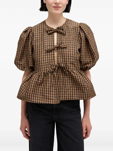 GANNI Gingham Bow Top - Brown